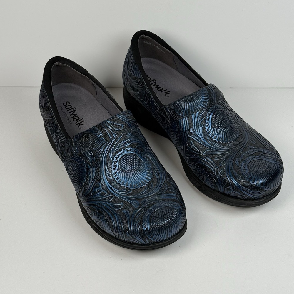 SoftWalk Clogs Blue Black‎ Floral Embossed Nurse Healthcare Chef Women in 10.5M